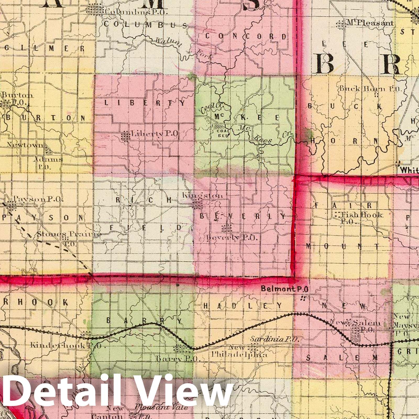 Adams, Brown, and Pike Counties, Illinois - Railroad Map, 1870