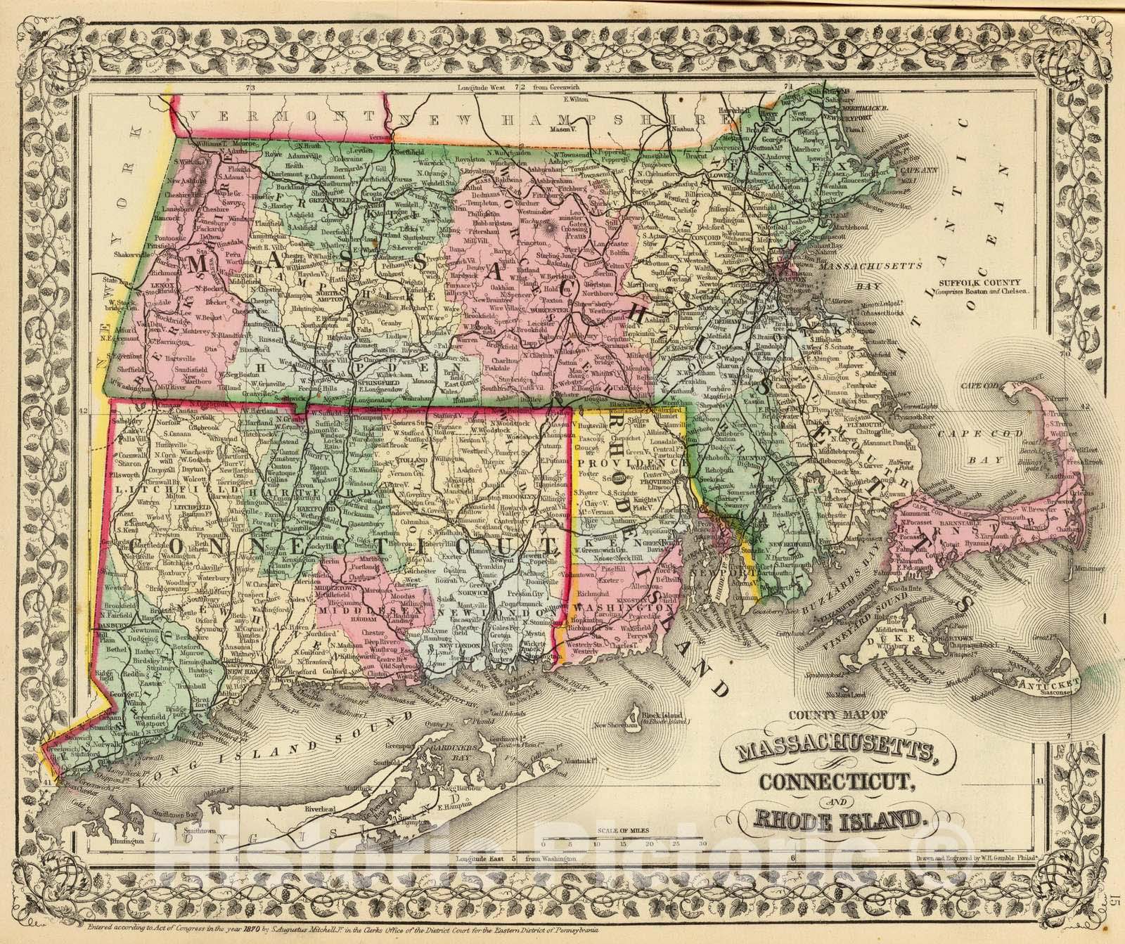 Historic Map : 1870 Mass, Conn, R.I. - Vintage Wall Art
