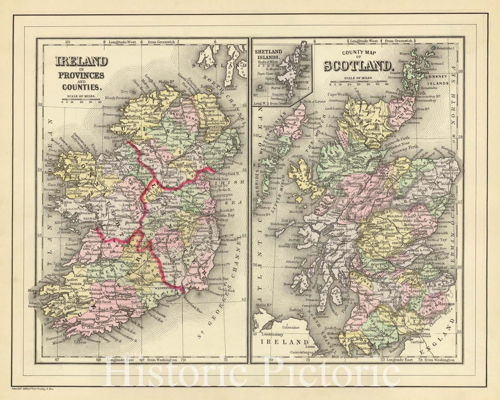 Ireland and Scotland - Railroad Map, 1890 - Historical Map Print