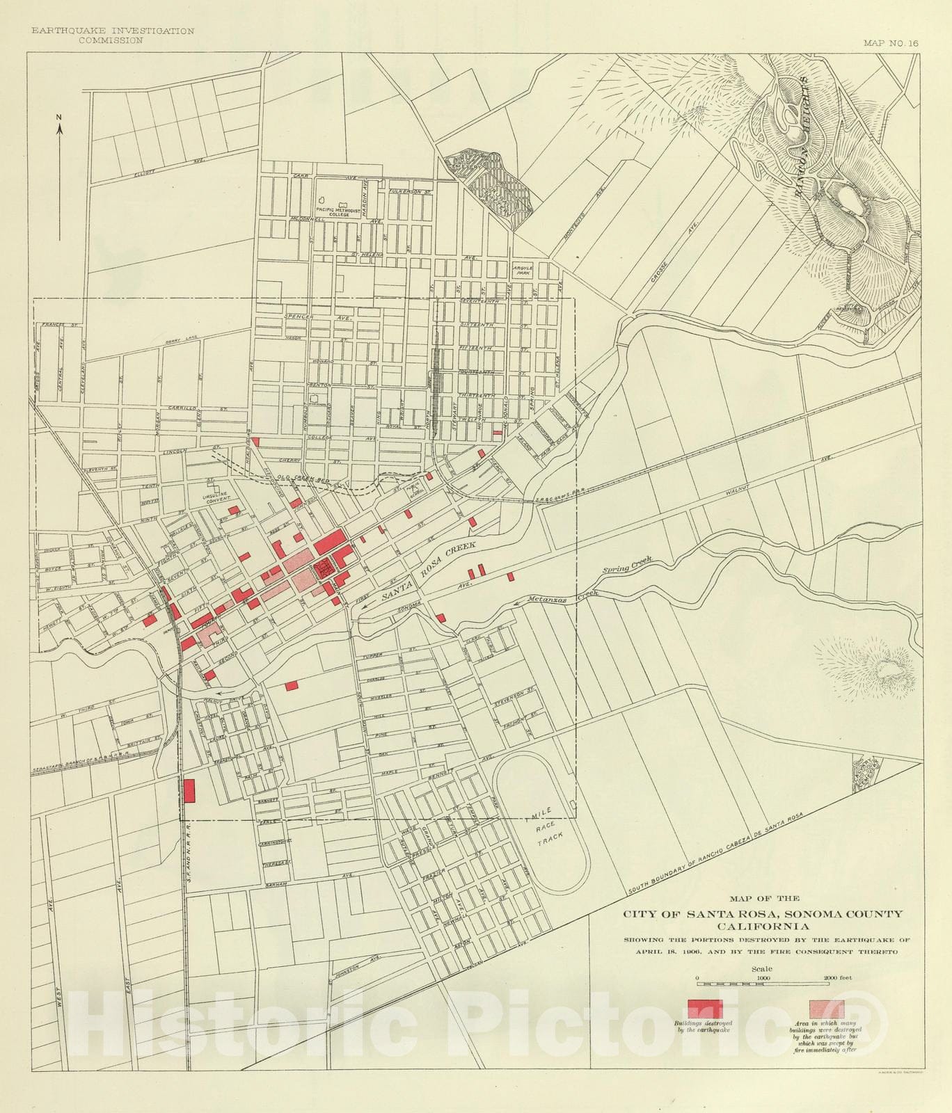 Historic Map : 1908 Santa Rosa, portions destroyed by earthquake April 18, 1906. - Vintage Wall Art
