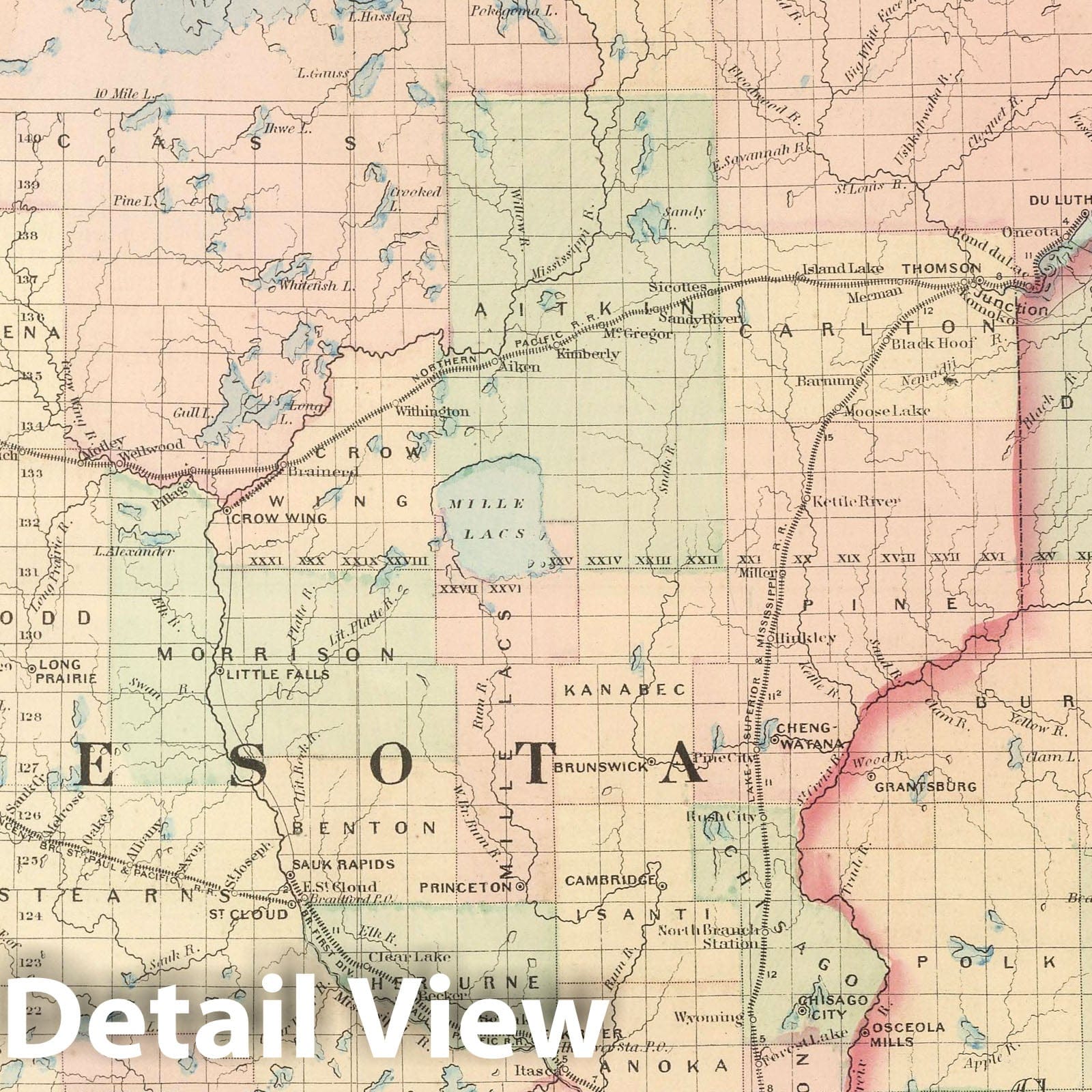 Minnesota - Railroad Map, 1875 - Historical Map Print