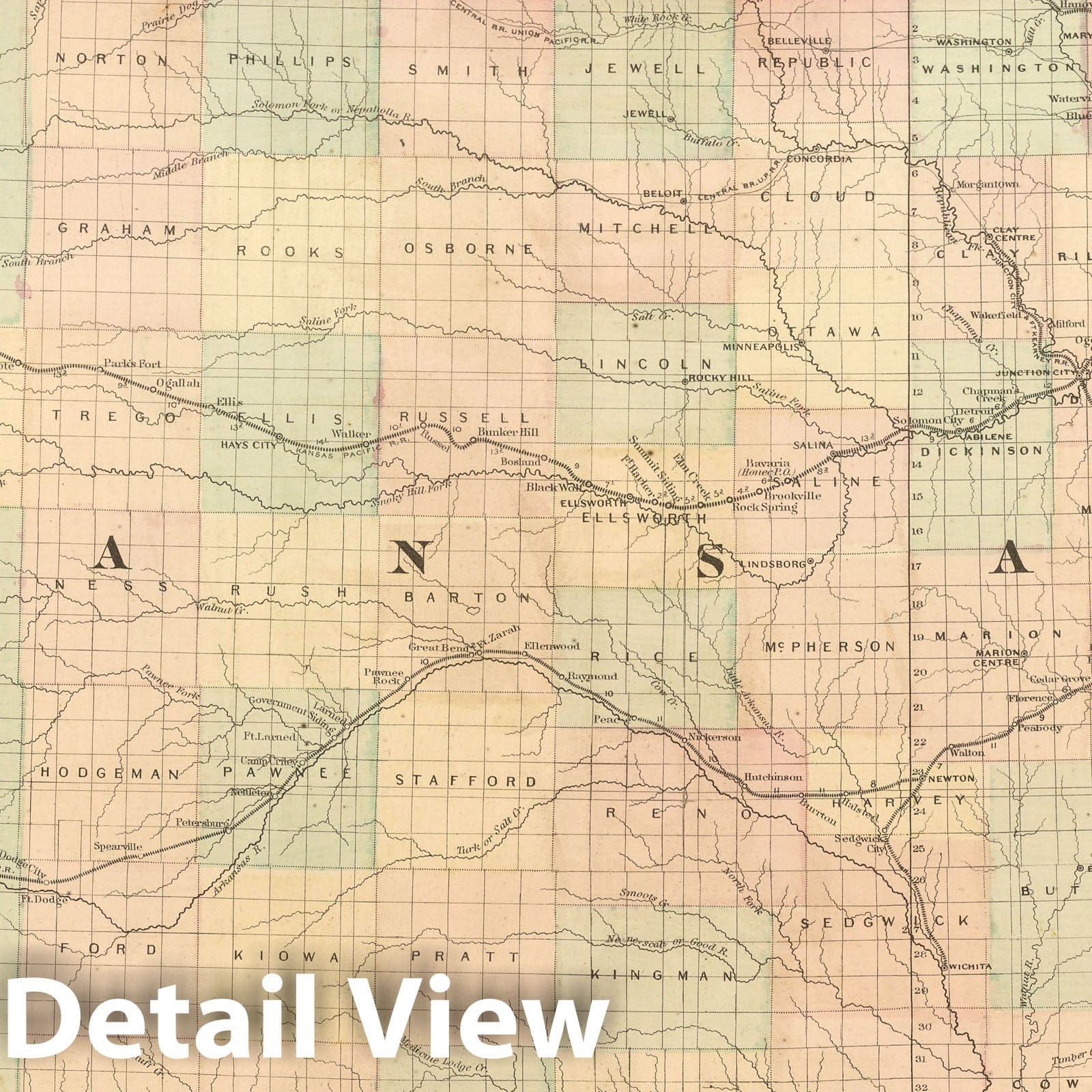 Kansas - Railroad Map, 1875 - Asher & Adams Atlas Plate