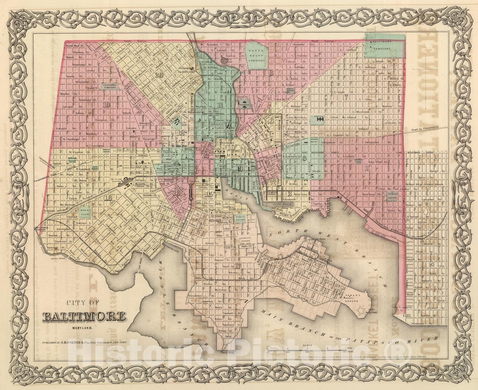 Historic Map : National Atlas - 1857 City of Baltimore, Maryland. - Vintage Wall Art