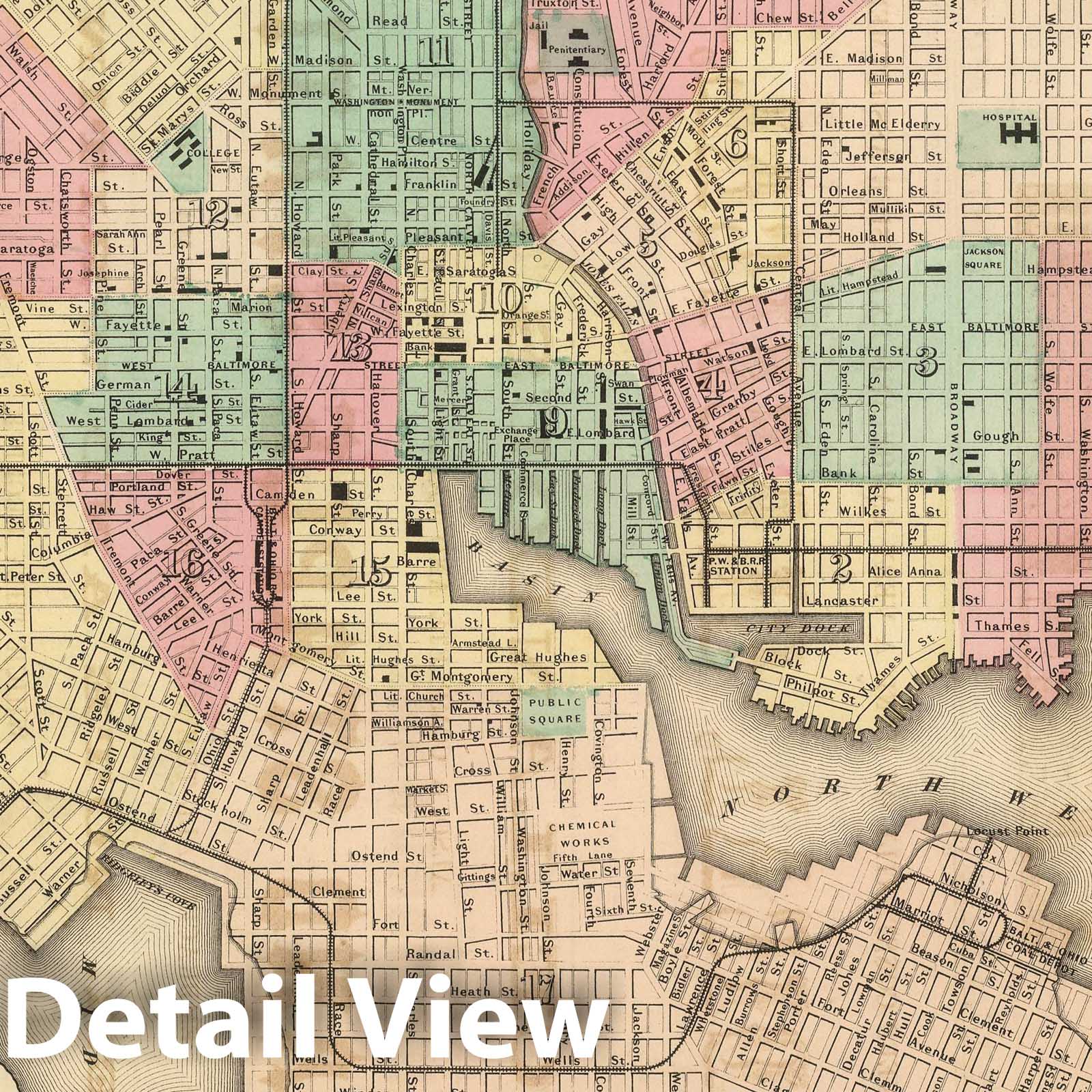Baltimore, Maryland - Physical Map, 1857 - Historical Map Print