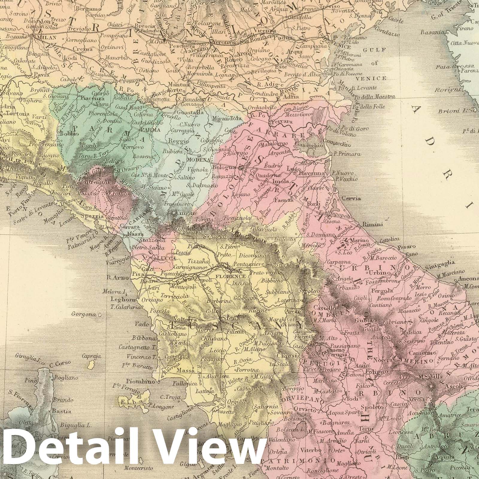 Italy, North Part, 1854 - Hand-Colored Historical Map Print