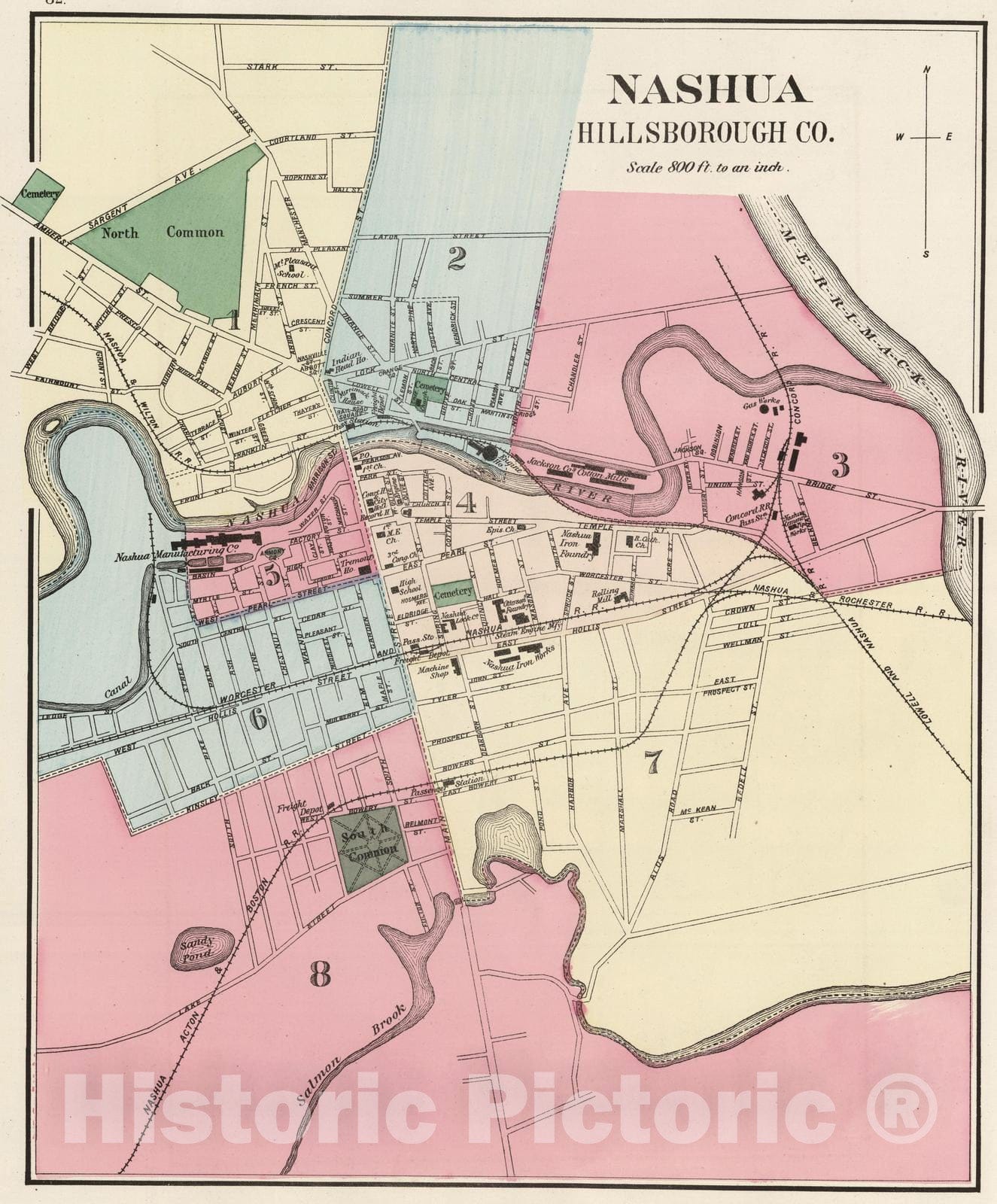 Historic Map : 1877 Nashua, Hillsborough Co. (New Hampshire) - Vintage Wall Art