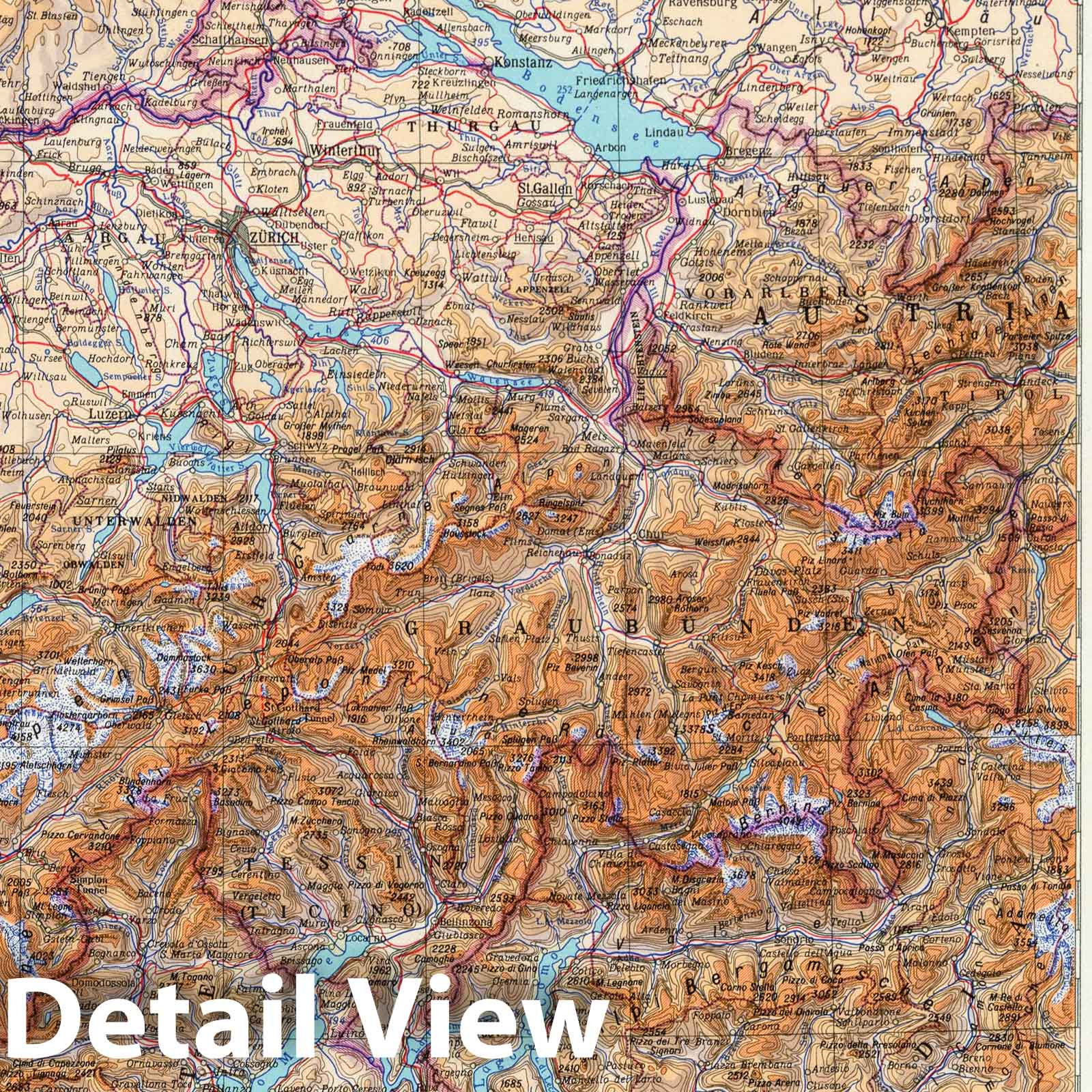 Switzerland and Geneva - Physical Map, 1967 - Historical Map Print