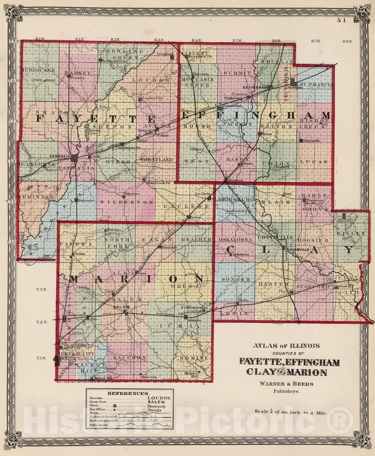 Historic Map : National Atlas - 1872 Atlas of Illinois, Counties of Fayette, Effingham, Clay & Marion. - Vintage Wall Art