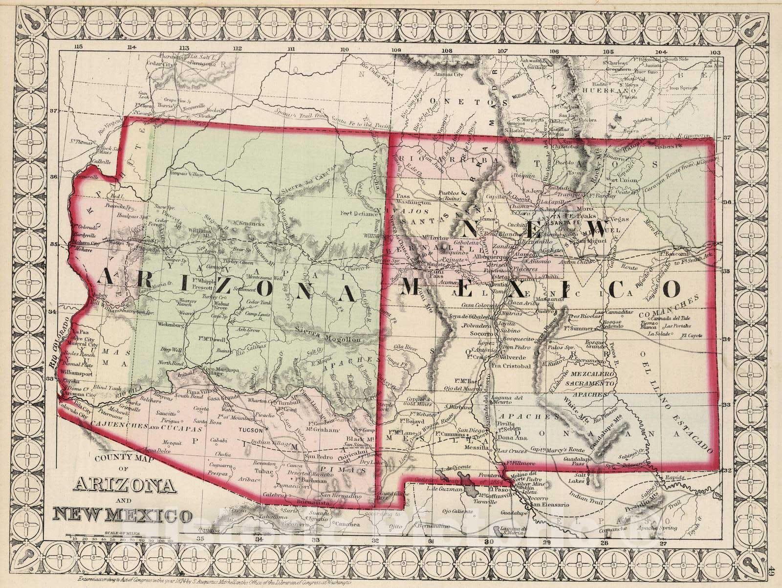 Historic Map : National Atlas - 1874 County Map of Arizona and New Mexico. - Vintage Wall Art