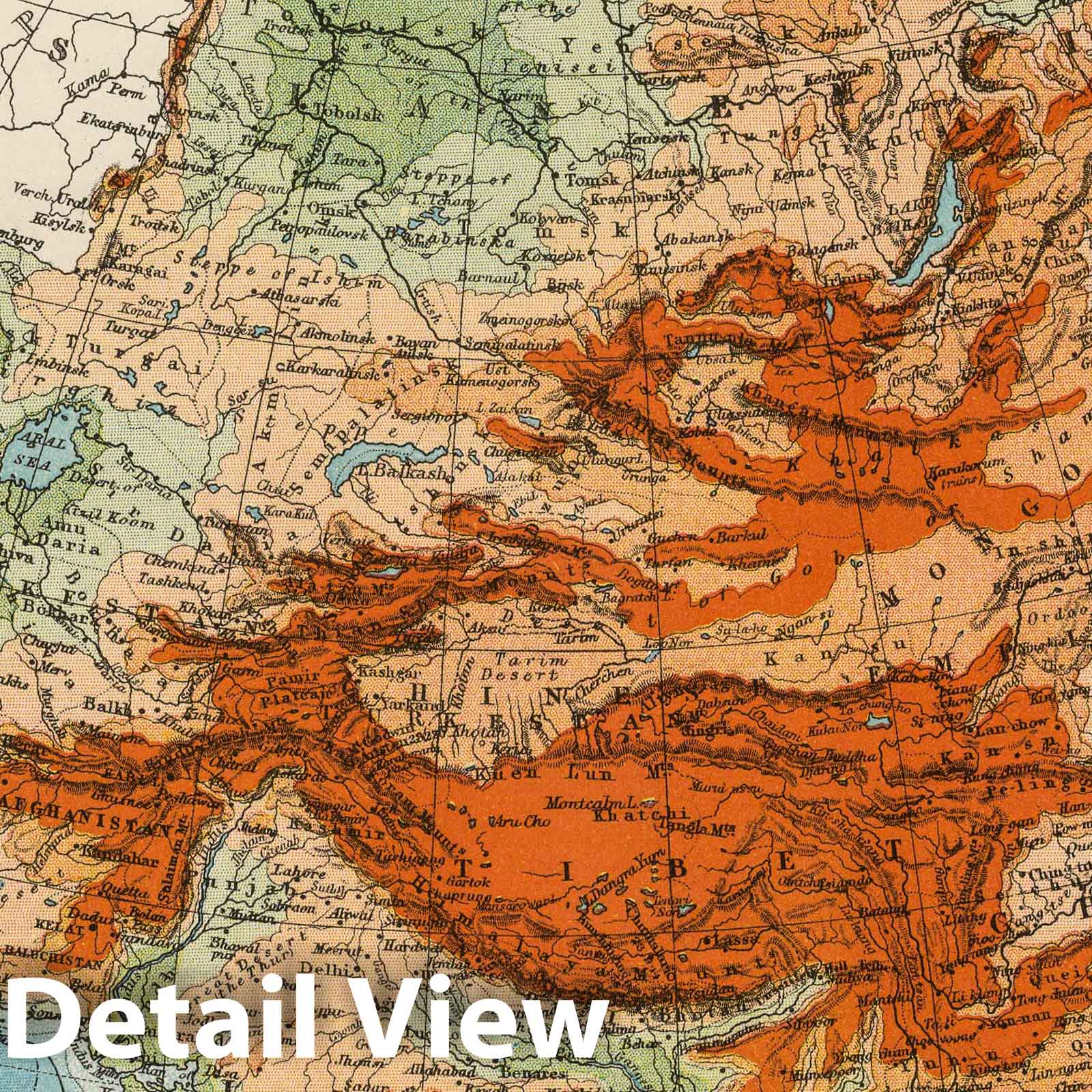 Asia - Physical Map, 1906 - Victoria Regina Atlas Print