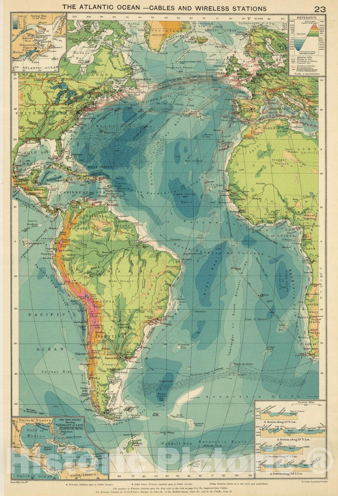 Historic Map : 1922 Atlantic cables, wireless stations. - Vintage Wall Art