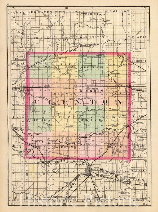 Clinton County, Michigan - Railroad Map, 1873 - Historical Map Print