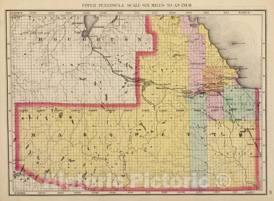 Historic Map : 1873 Upper Peninsula, scale six miles to an inch (Marquette County) - Vintage Wall Art