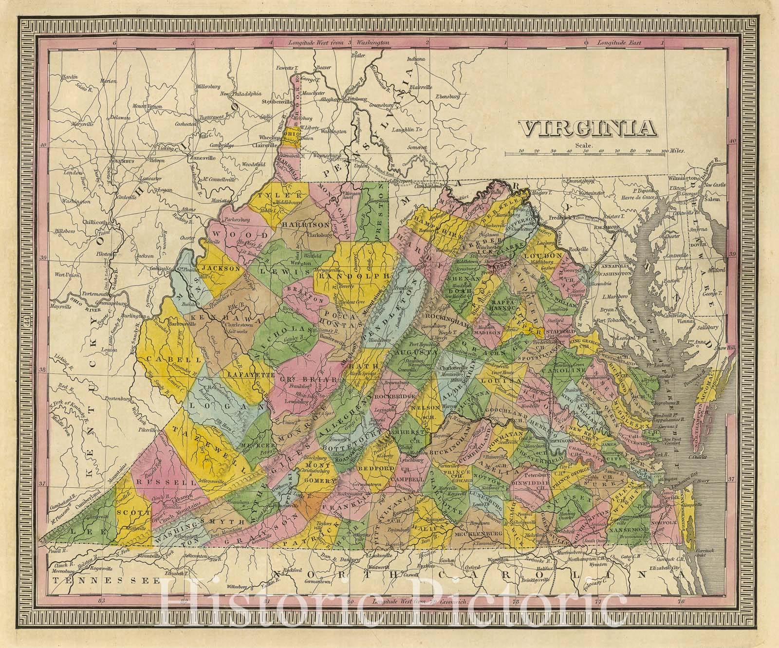Virginia and West Virginia - Railroad Map, 1845 - Historical Map Print