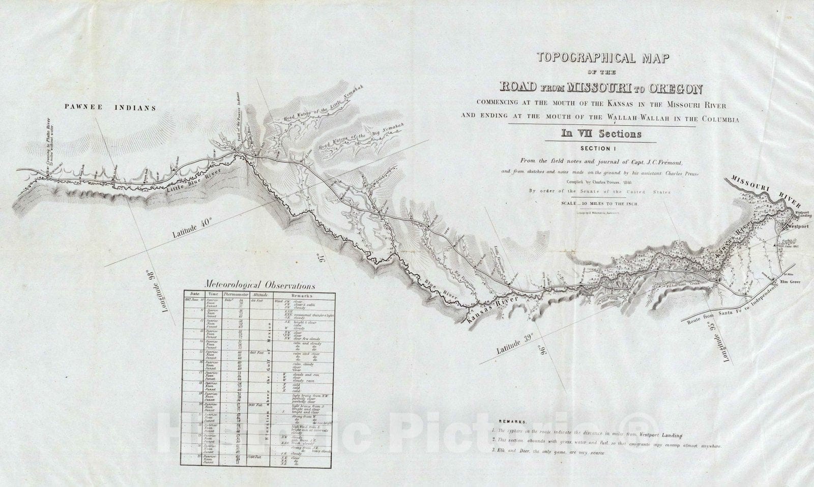 Historic Map : 1846 Map Of The Road From Missouri To Oregon, Section I. - Vintage Wall Art