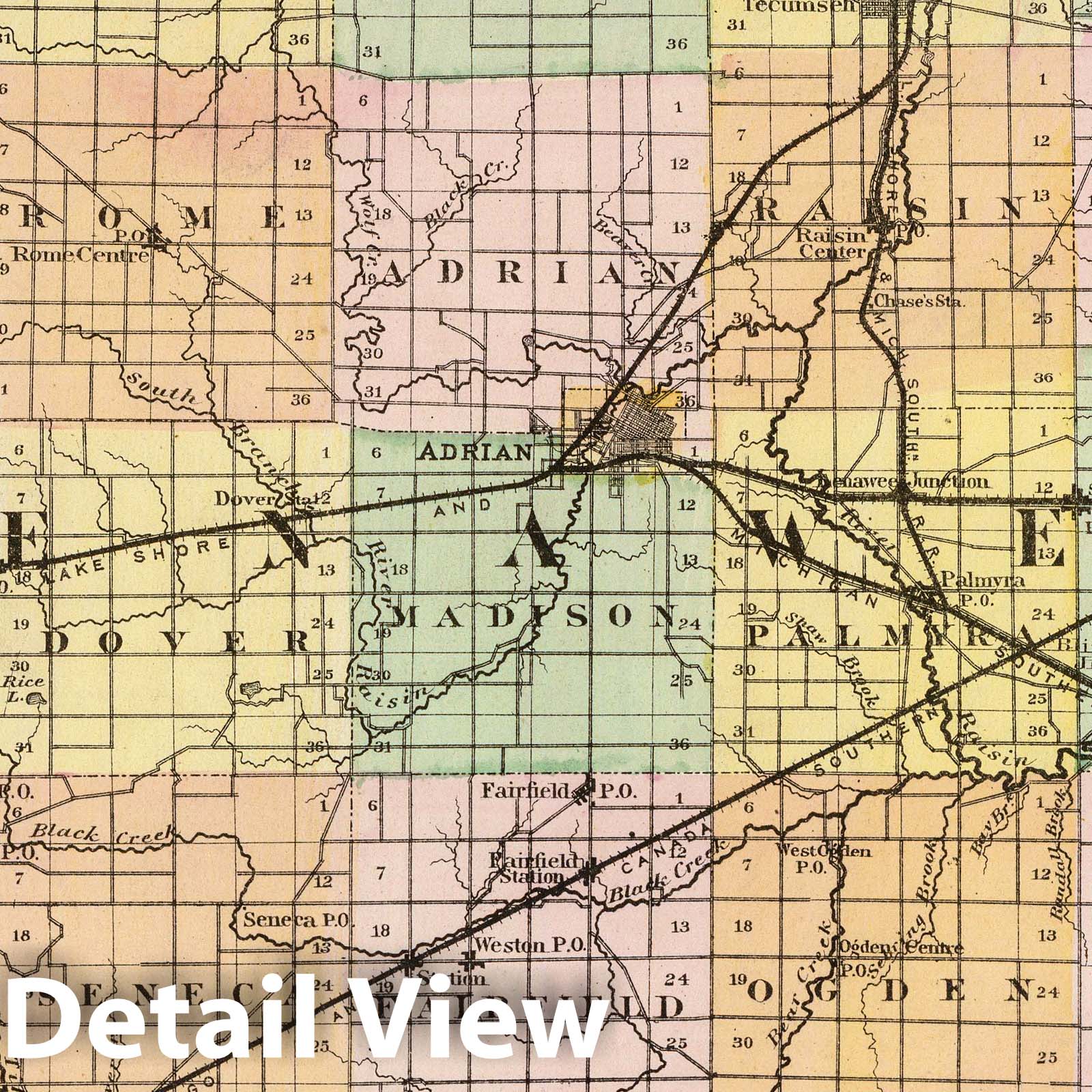 Lenawee County, Michigan - Railroad Map, 1873 - Historical Map Print