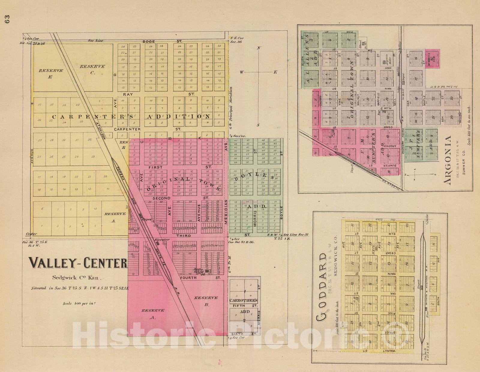 Historic Wall Map : 1887 Valley-Center, Goddard and Argonia, Kan. - Vintage Wall Art