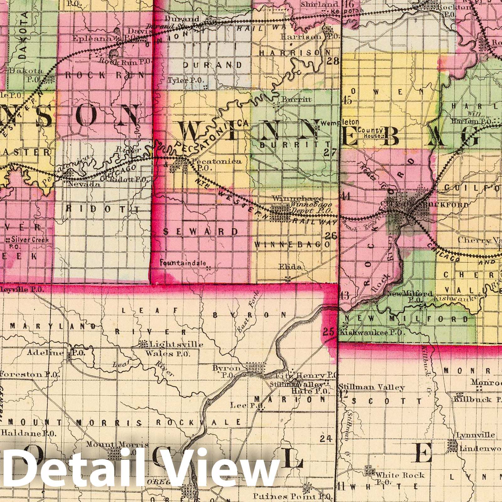 Stephenson, Winnebago, and Boone Counties, Illinois - Railroad Map, 1870