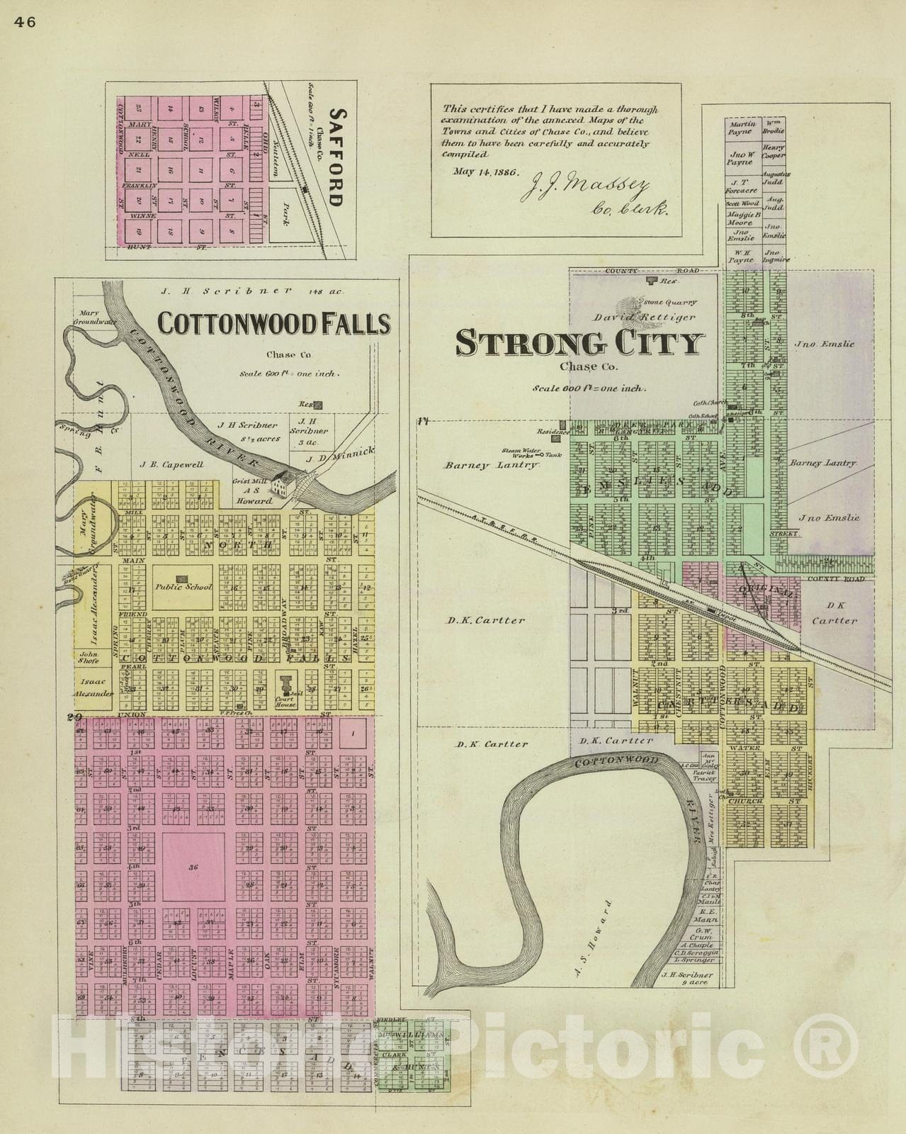 Historic Map : 1887 Cottonwood Falls, Strong City, Safford. - Vintage Wall Art