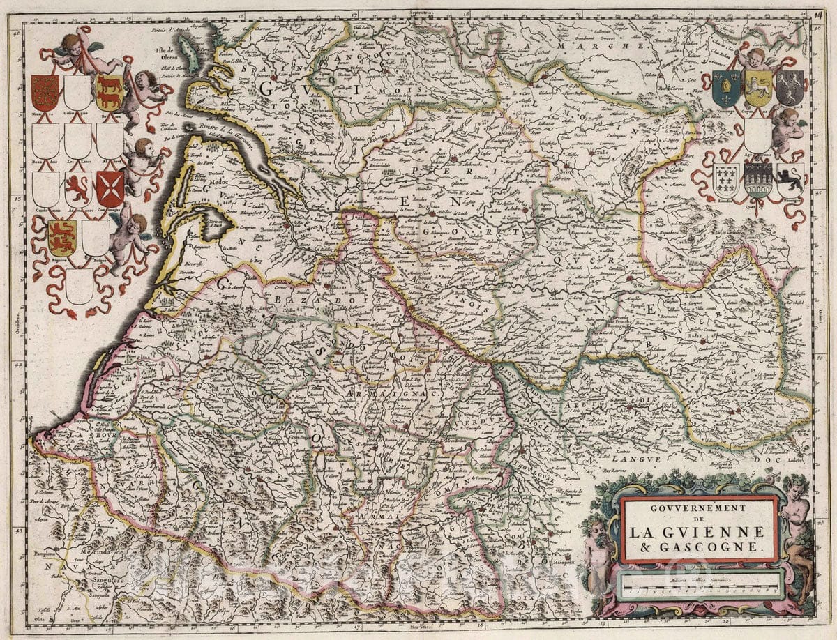 Historic Map : Dordogne , France 1682 Gouvernement de La Guienne & Gascogne. , Vintage Wall Art