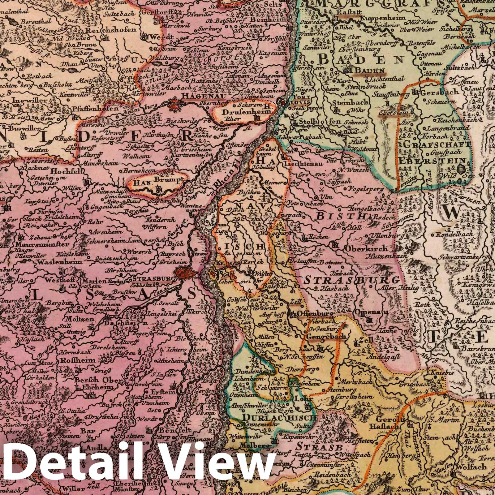 Upper Rhine Region, 1734 - Historical Map Print with Fortress Insets