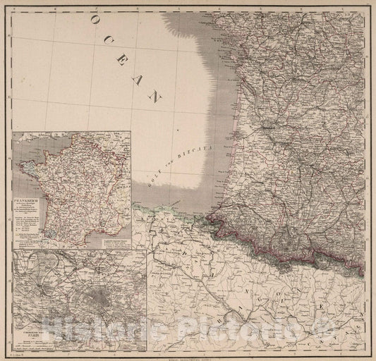 Historic Map : France, 1879 Southwest France. , Vintage Wall Art