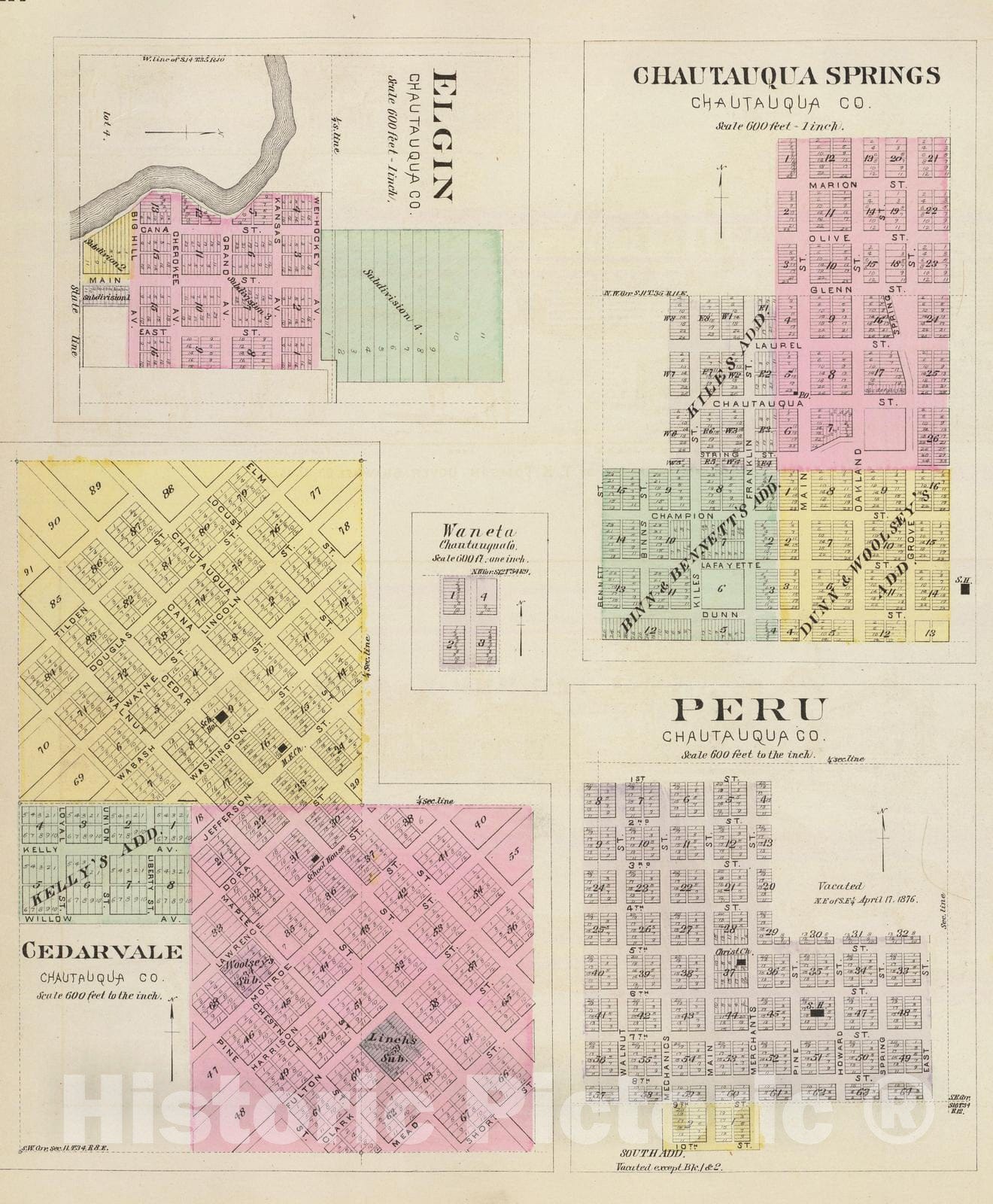 Historic Map : 1887 Cedarvale, Elgin, Chautauqua Springs, Peru, Waneta. - Vintage Wall Art