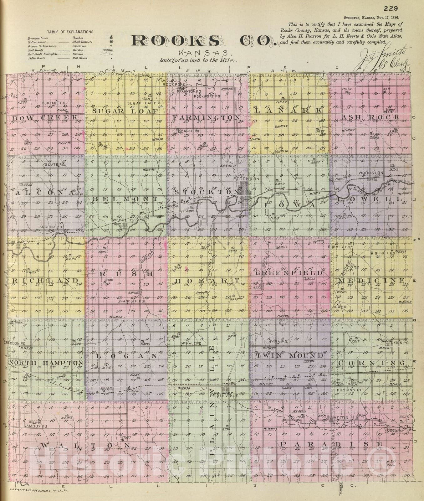 Historic Map : 1887 Rooks Co, Kansas. - Vintage Wall Art