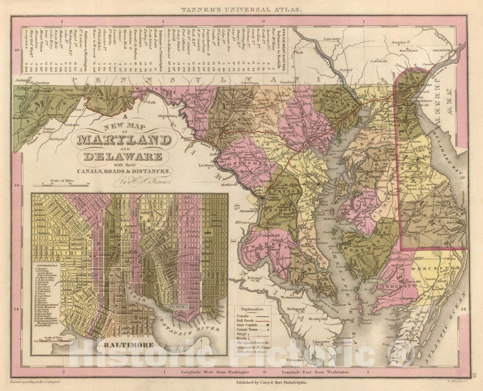 Historic Map : 1845 New Map Of Maryland and Delaware. - Vintage Wall Art