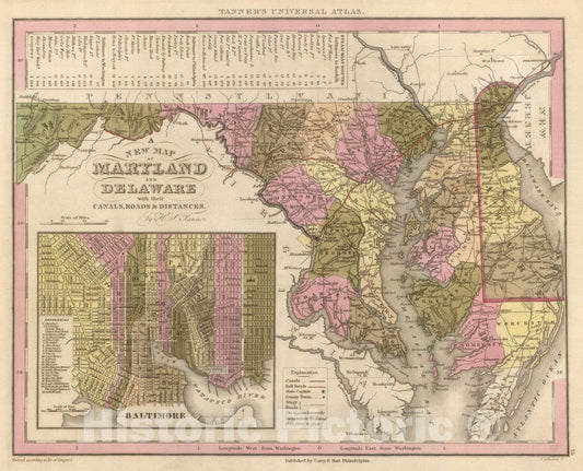 Historic Map : 1845 New Map Of Maryland and Delaware. - Vintage Wall Art
