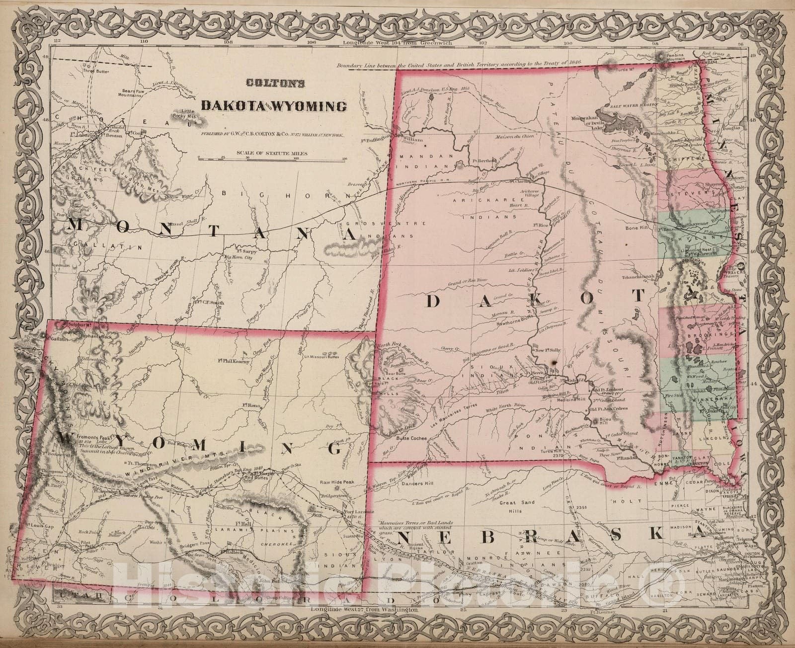 Historic Map : 1869 Dakota and Wyoming. - Vintage Wall Art