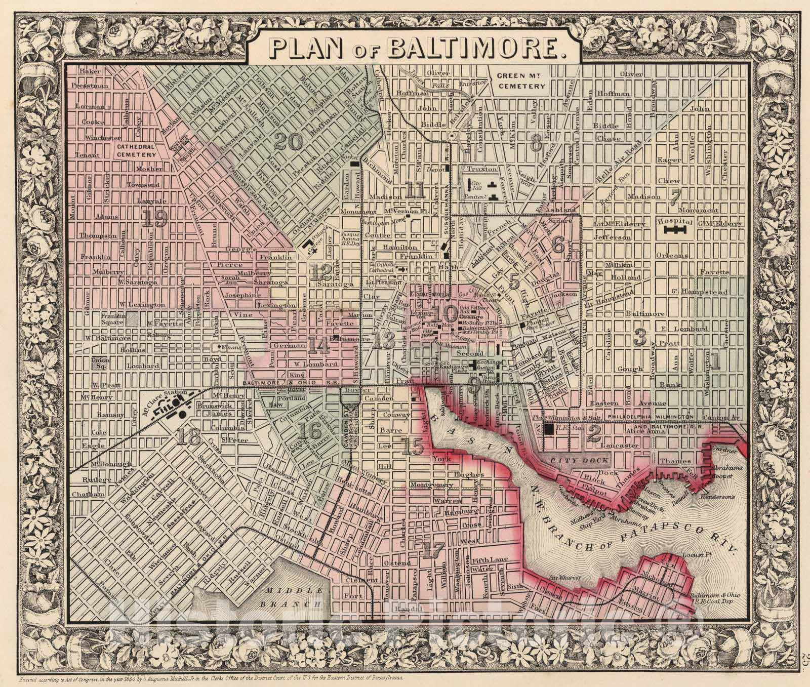 Historic Wall Map : 1865 Plan of Baltimore - Vintage Wall Art