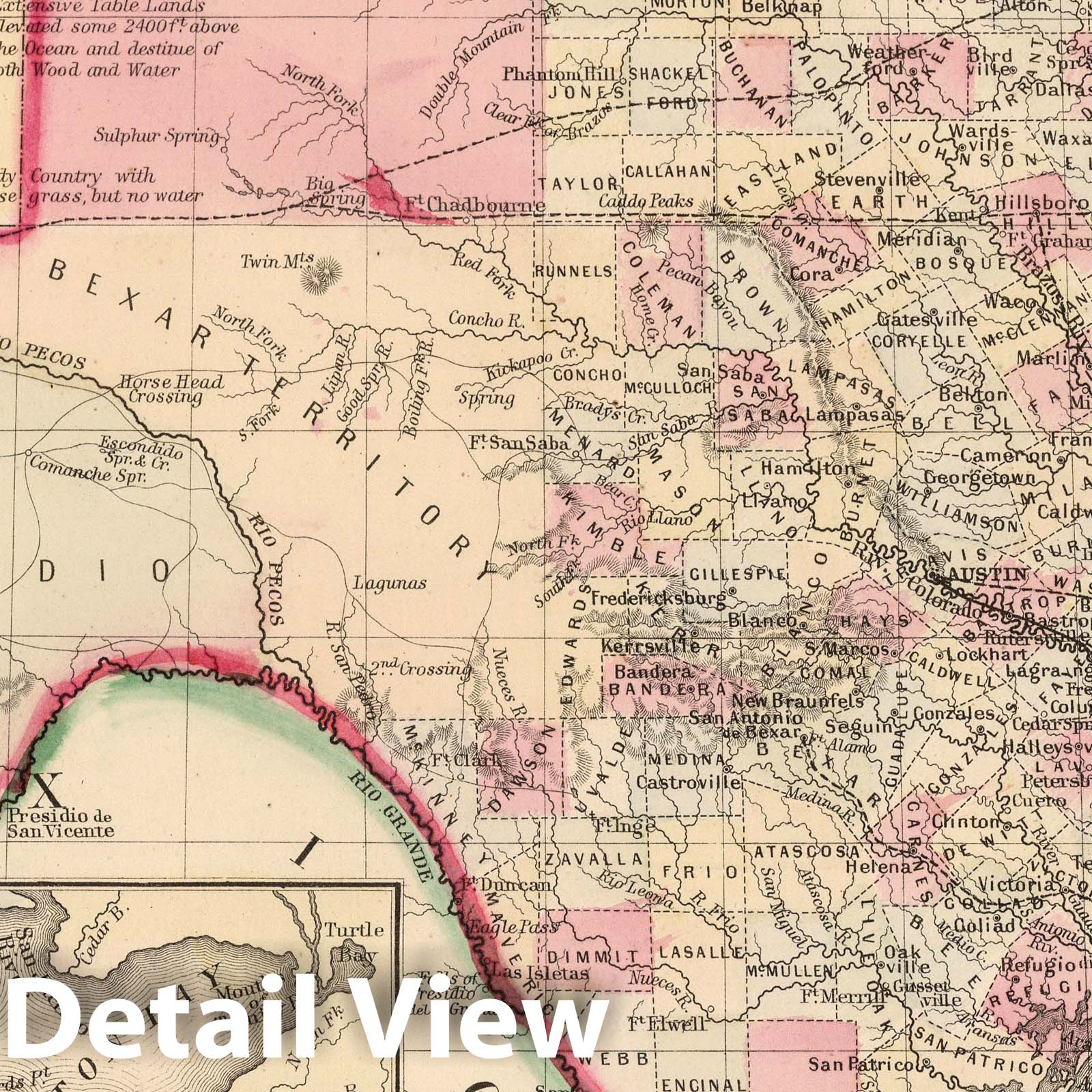 Texas - County Map with Galveston Bay Inset, 1865 - Historical Map Print