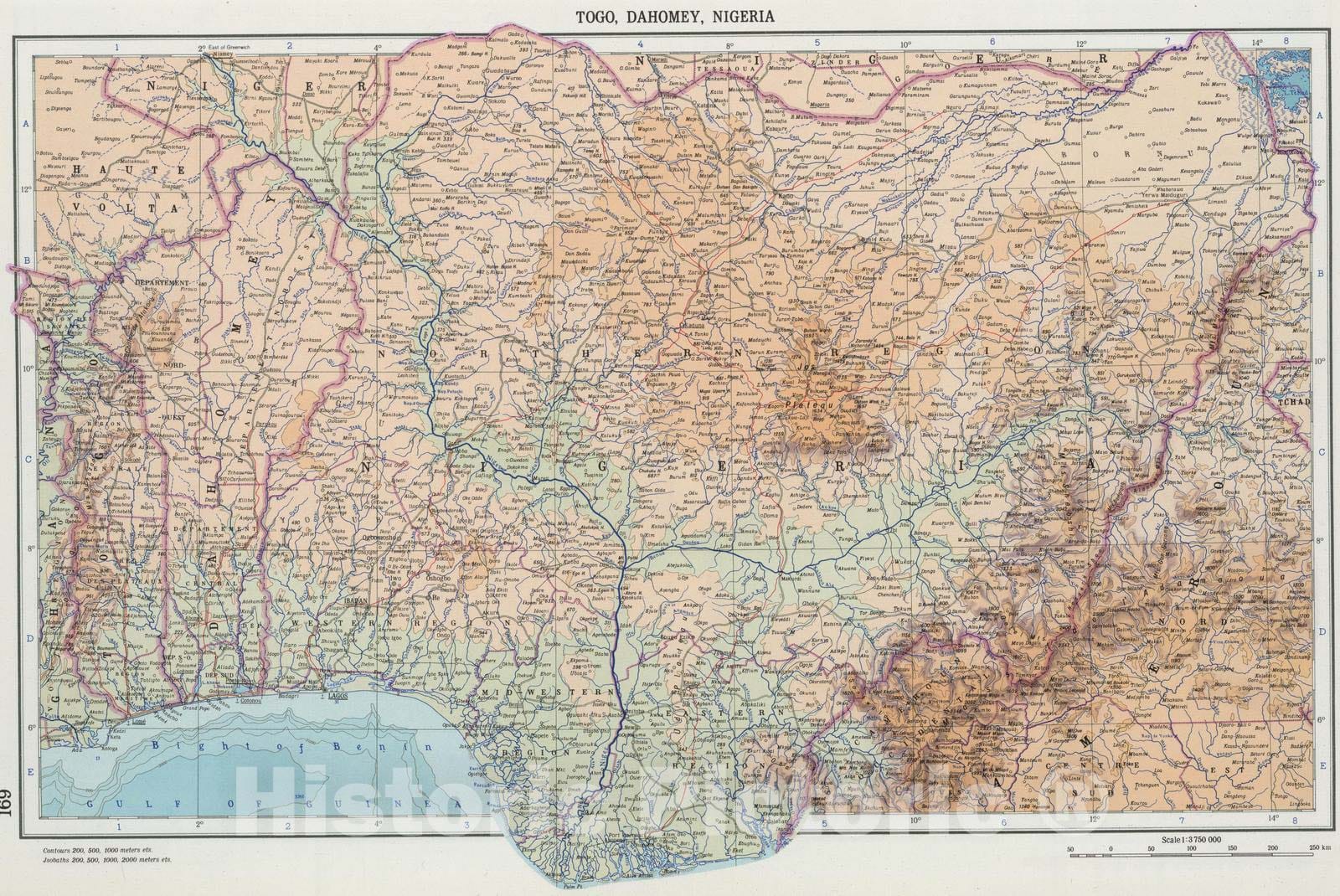 Togo, Benin, Nigeria - Physical Map, 1967 - Historical Map Print
