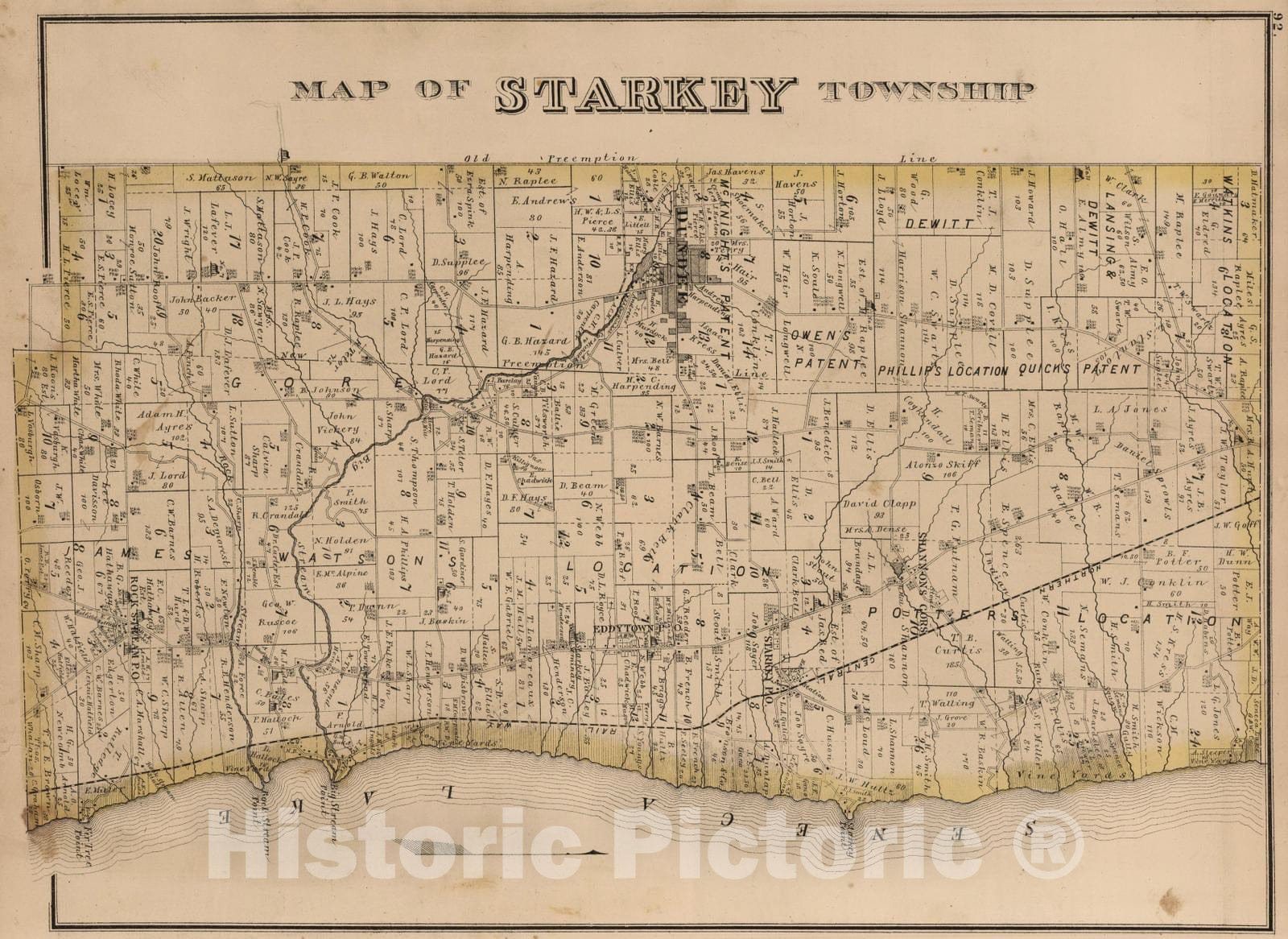 Historic Map : 1876 Starkey Township, Yates County, New York. - Vintage Wall Art