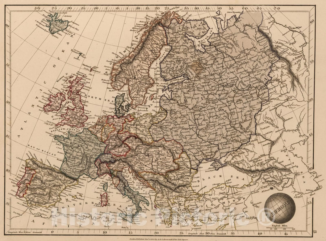 Historic Map : 1825 Europe - Vintage Wall Art