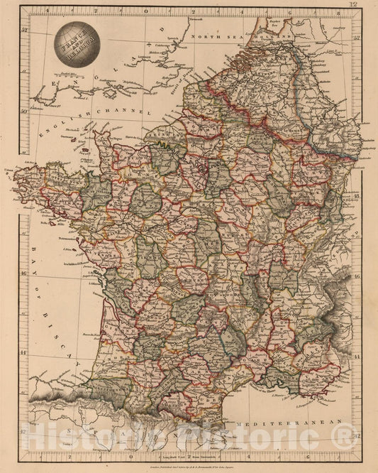 Historic Map : 1825 France and Belgium - Vintage Wall Art