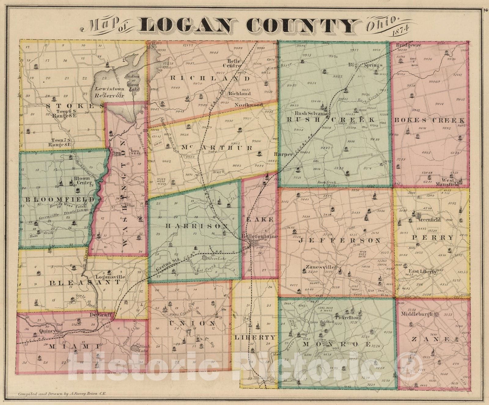 Historic Map : 1875 Logan County, Ohio, 1874. - Vintage Wall Art