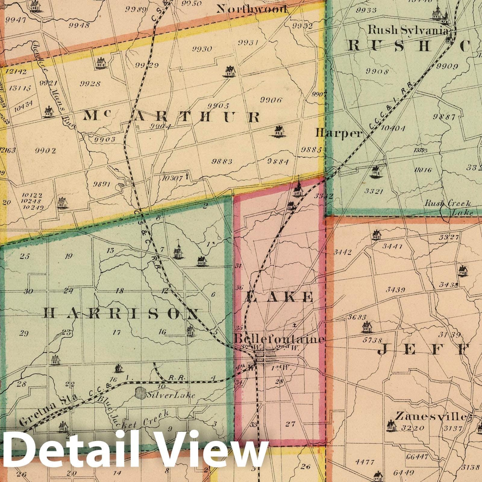 Historic Map : 1875 Logan County, Ohio, 1874. - Vintage Wall Art