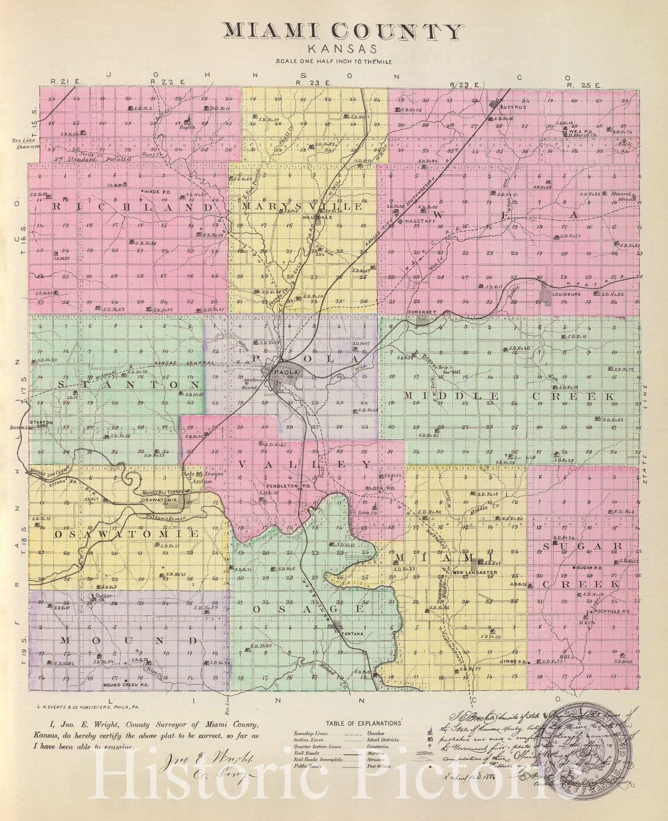 Historic Map : Kansas, 1887 Miami Co, Kans. , Vintage Wall Art