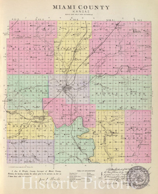 Historic Map : Kansas, 1887 Miami Co, Kans. , Vintage Wall Art