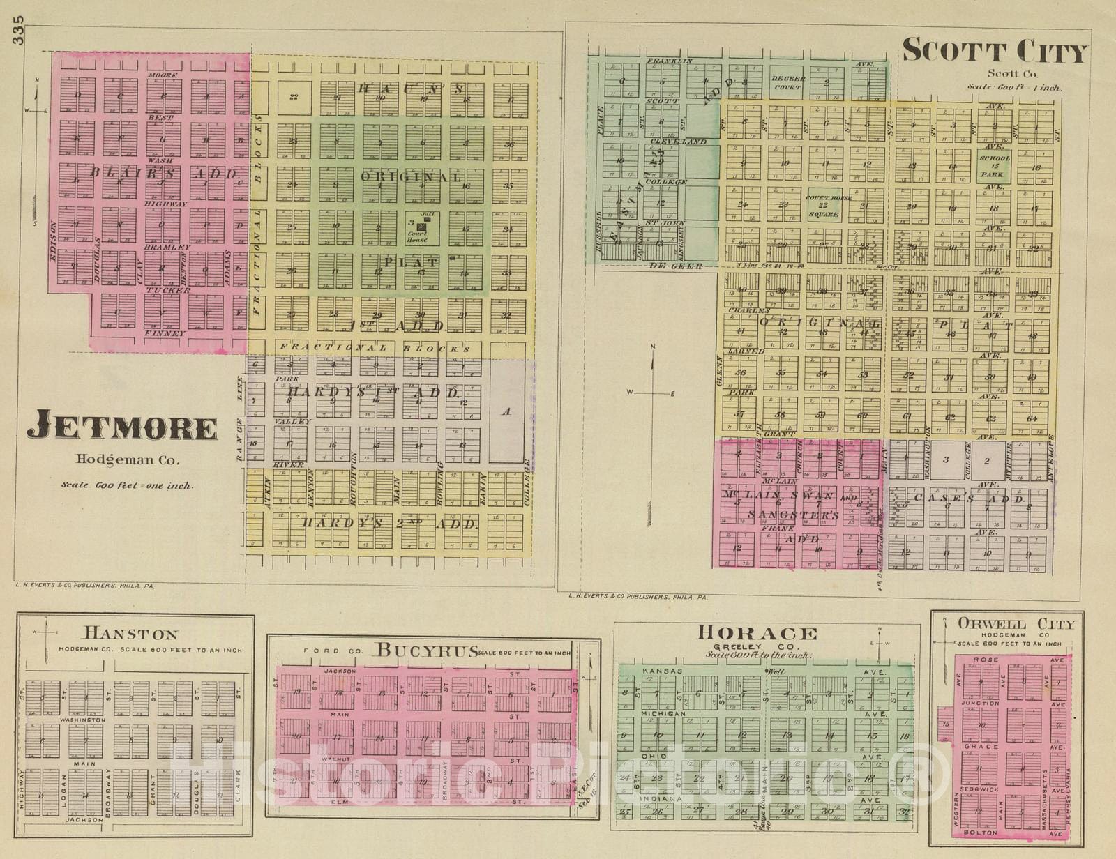 Historic Map : 1887 Jetmore, Scott City, Hanston, Bucyrus, Horace, Orwell City. - Vintage Wall Art