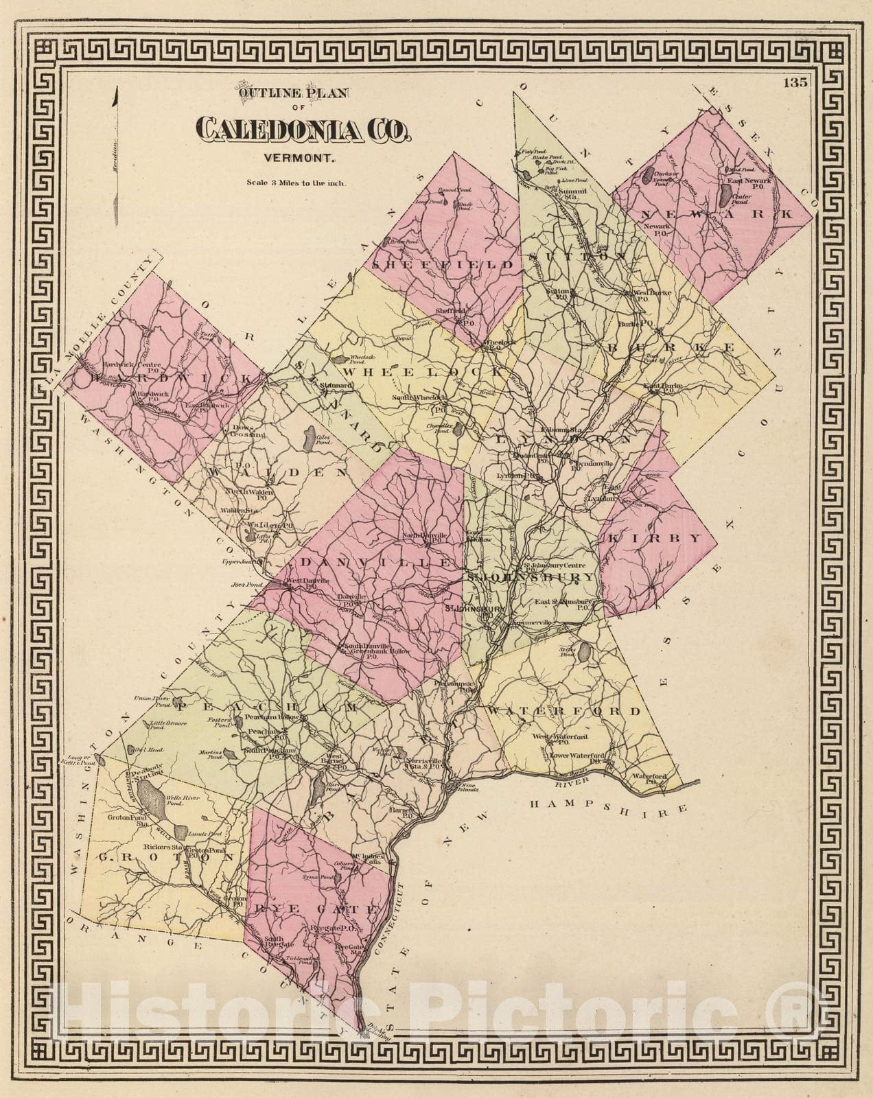 Historic Map : 1876 Outline plan of Caledonia Co, Vermont. - Vintage Wall Art