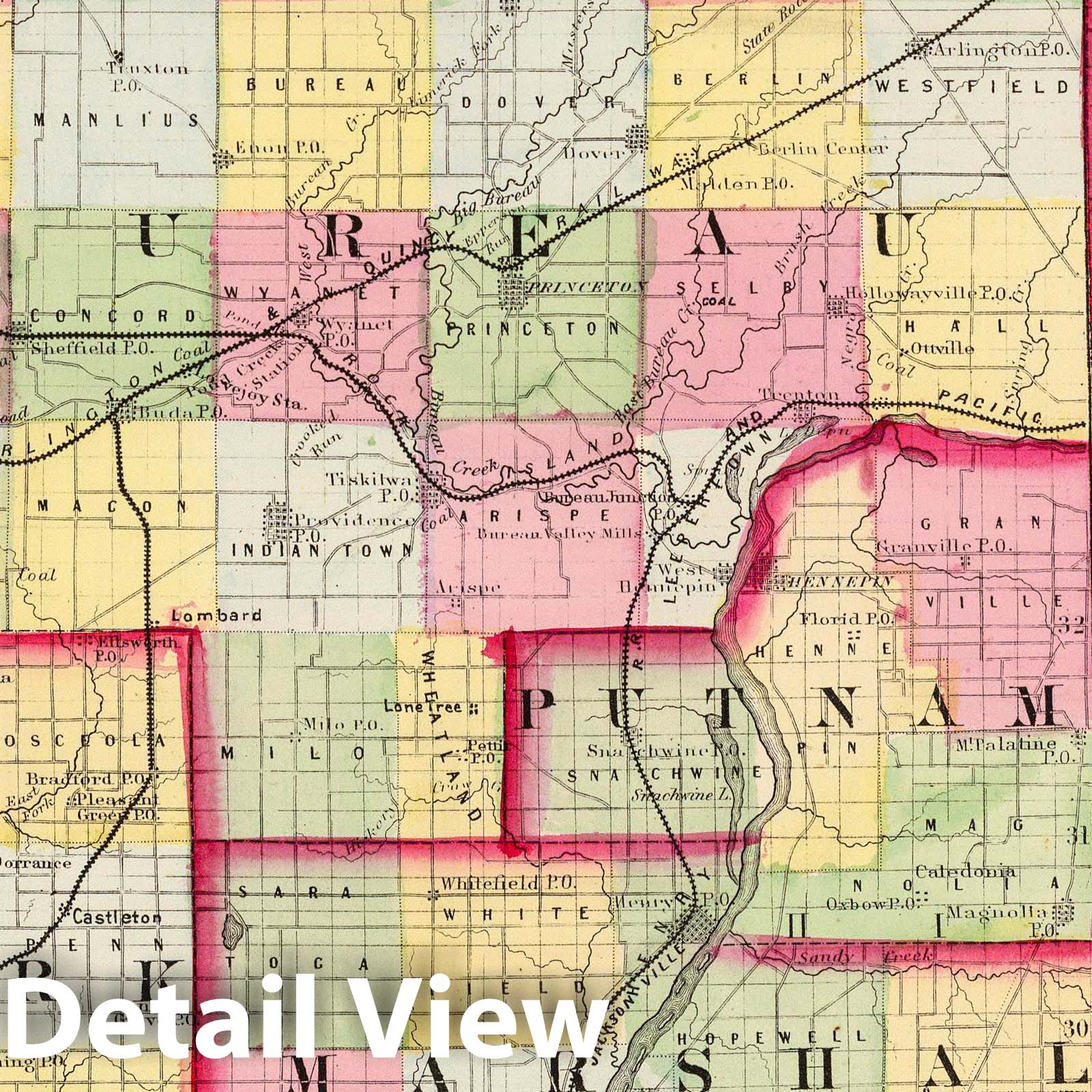 Bureau, Putnam, Stark, and Marshall Counties, Illinois - Railroad Map, 1870