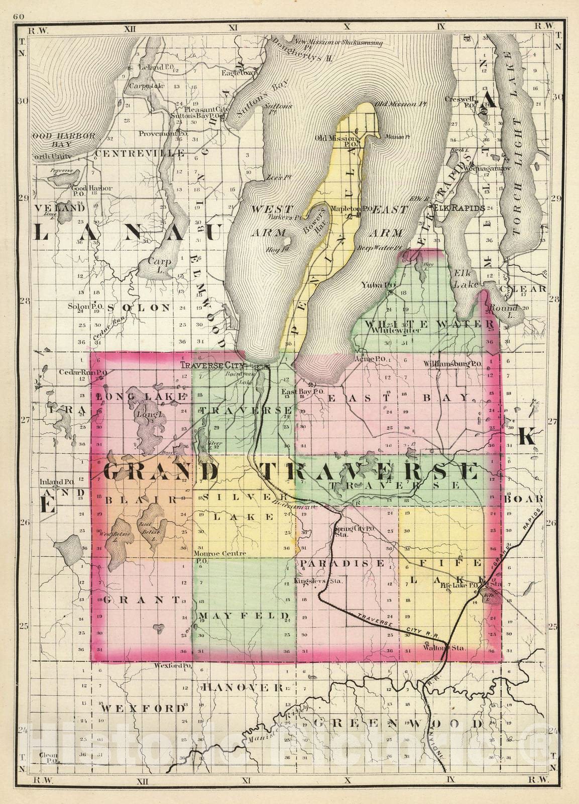 Historic Map : 1873 (Map of Grand Traverse County, Michigan) - Vintage Wall Art