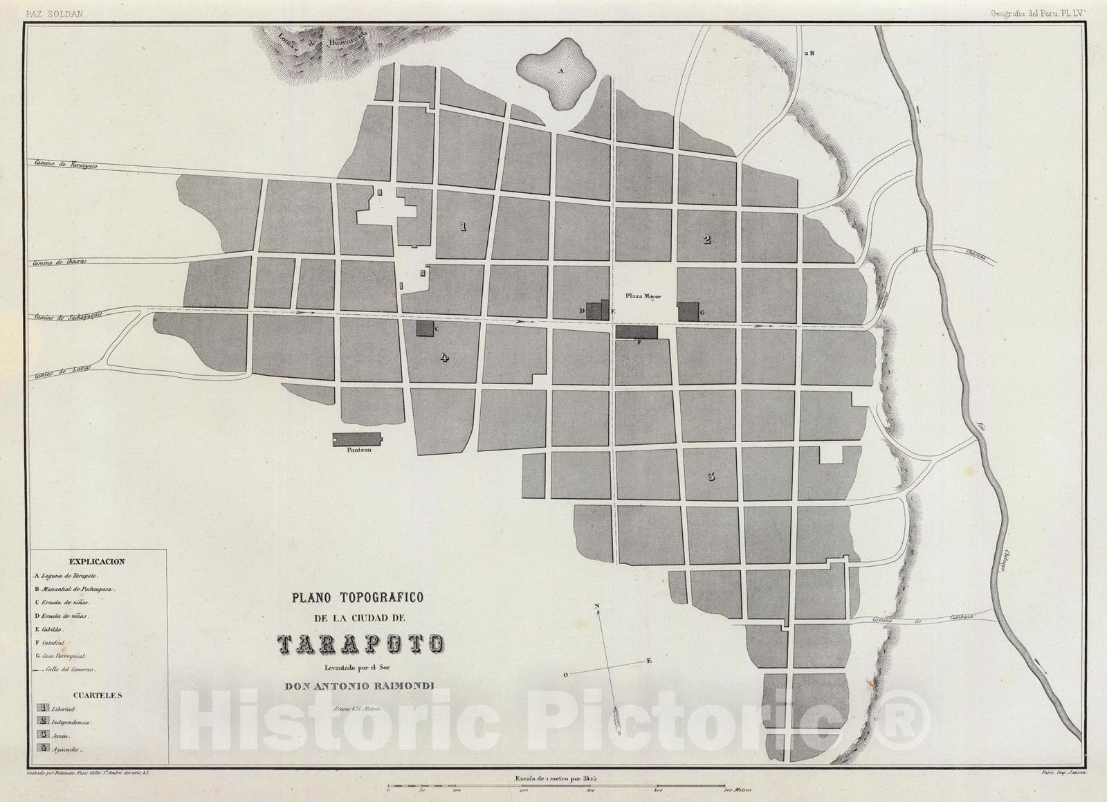 Historic Map : Peru , Tarapoto (Peru), 1865 Plano topografico, Ciudad de Tarapoto. , Vintage Wall Art
