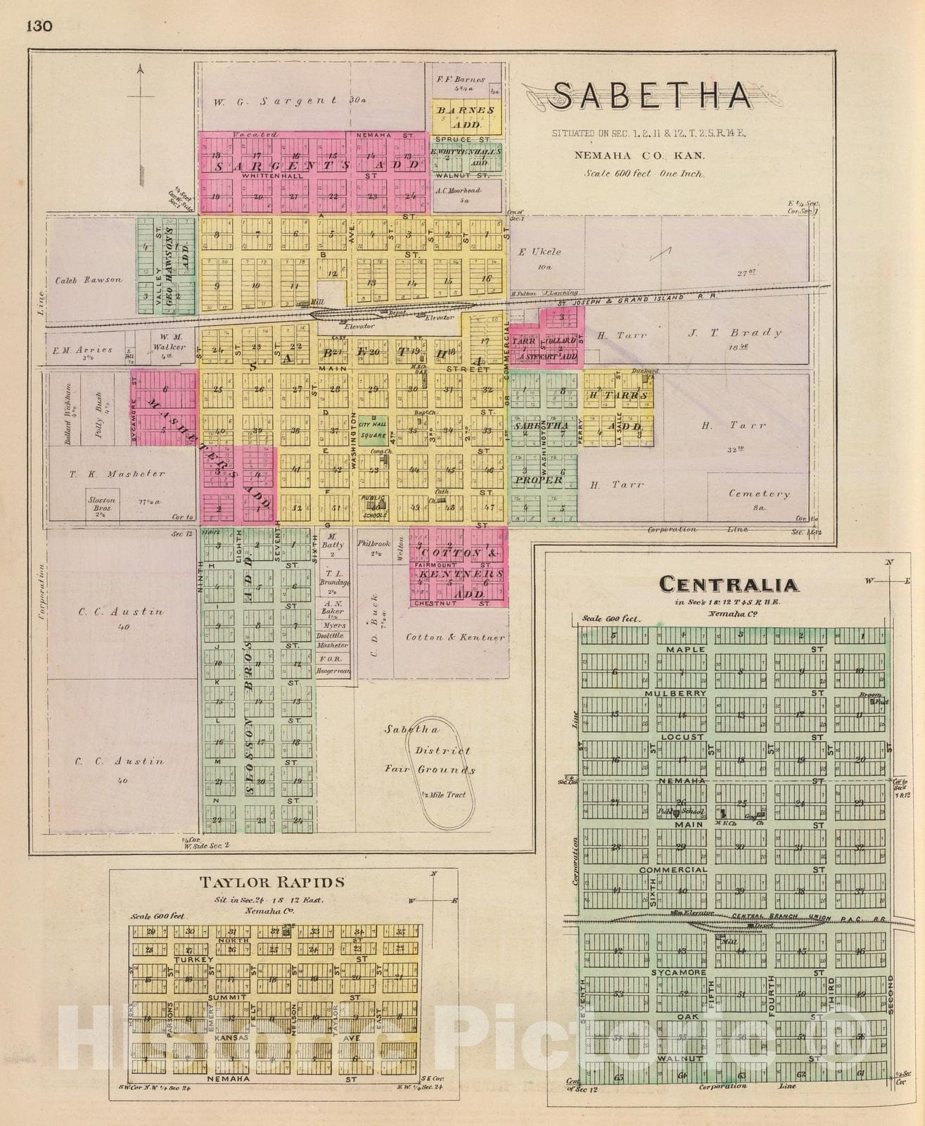 Historic Map : 1887 Sabetha, Centralia and Taylor Rapids, Kan. - Vintage Wall Art