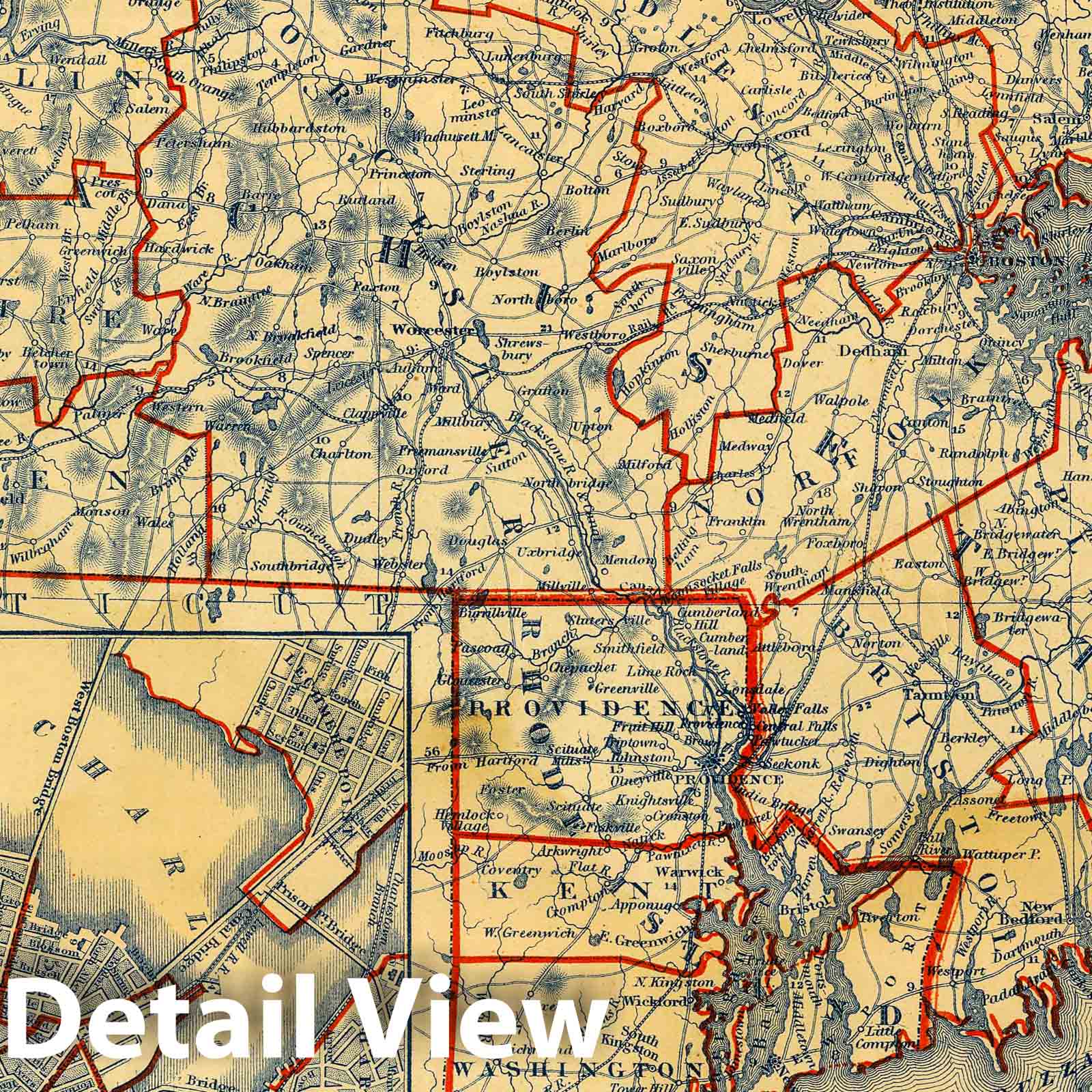 Massachusetts and Rhode Island with Boston - Railroad Map, 1846