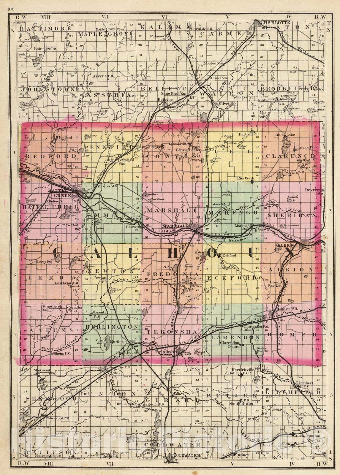 Historic Map : 1873 (Map of Calhoun County, Michigan) - Vintage Wall Art