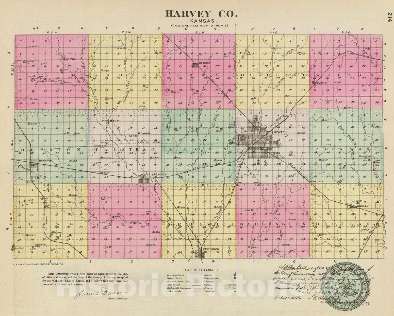 Historic Map : 1887 Harvey Co, Kansas. - Vintage Wall Art
